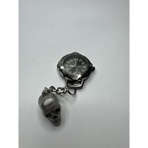 Mens Gunmetal Pocket Watch /w Green Numbers Watch Face and Metal Skull Charm